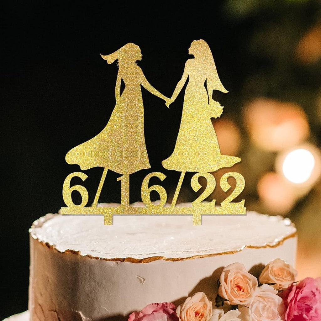 Bride Two Girl Silhouette Wedding Cake Topper Custom Cake Topper LGBT Silhouette Same Sex Couple Wedding Cake Decor Lesbian Marriage Cake Topper Bride Mrs And Mrs Cake Topper for Wedding Acrylic Gold