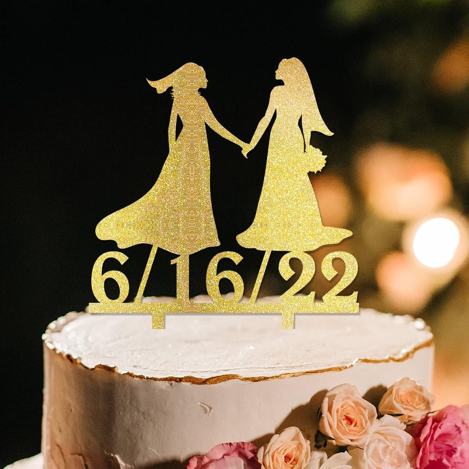 Bride Two Girl Silhouette Wedding Cake Topper Custom Cake Topper LGBT Silhouette Same Sex Couple Wedding Cake Decor Lesbian Marriage Cake Topper Bride Mrs And Mrs Cake Topper for Wedding Acrylic Gold