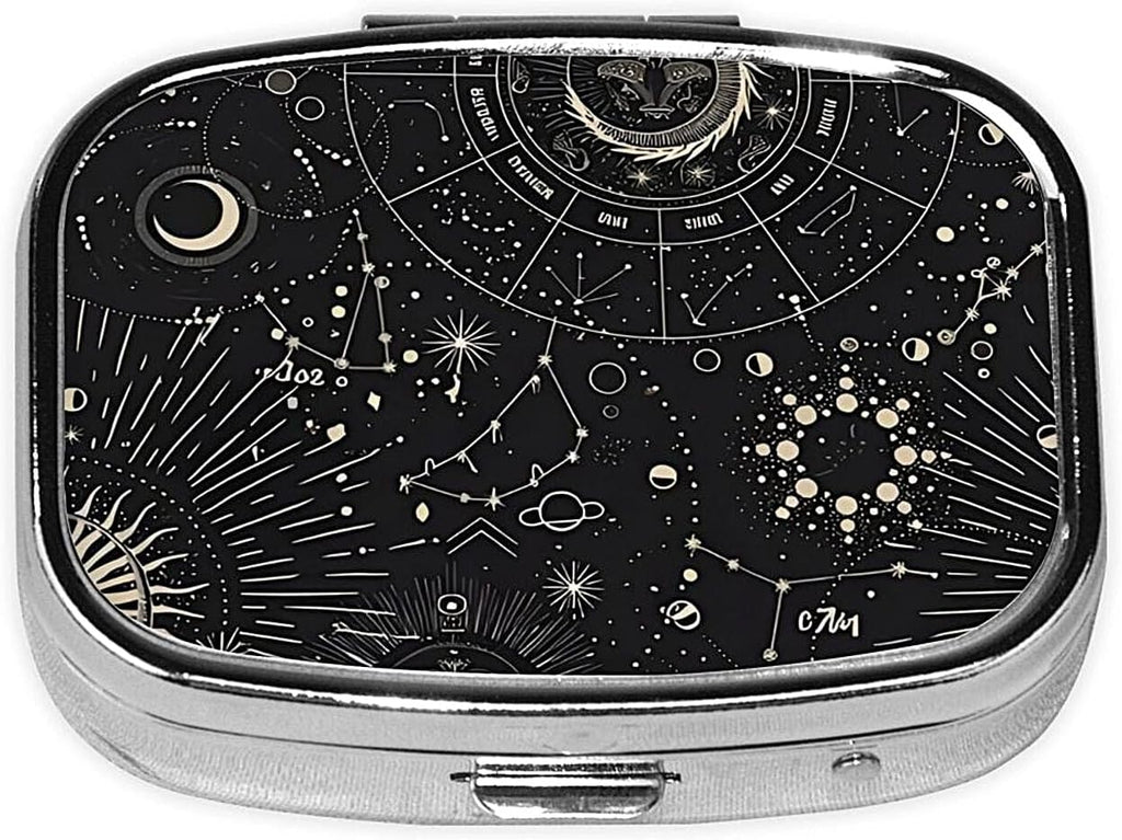 ABLESKY Pill Box, 2 Compartment Pill Organizer Case for Pocket or Purse, Small Portable Metal Travel Medicine Box with Mirror, Daily Vitamins Fish Oil Container-Tarot Constellation Moon Sun