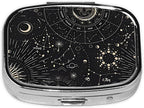 ABLESKY Pill Box, 2 Compartment Pill Organizer Case for Pocket or Purse, Small Portable Metal Travel Medicine Box with Mirror, Daily Vitamins Fish Oil Container-Tarot Constellation Moon Sun