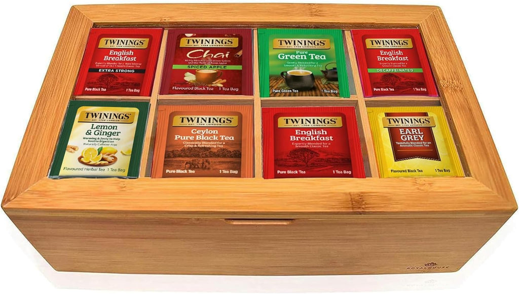 Twinings Tea Sampler Collection – 80 Tea Bags, 20 Flavours/Assorted Tea, Gift Set in Decorative Bamboo Box – Wooden Organizer Tea Chest Included – Ideal for Home, Office, Family & Friends (Bamboo Box)