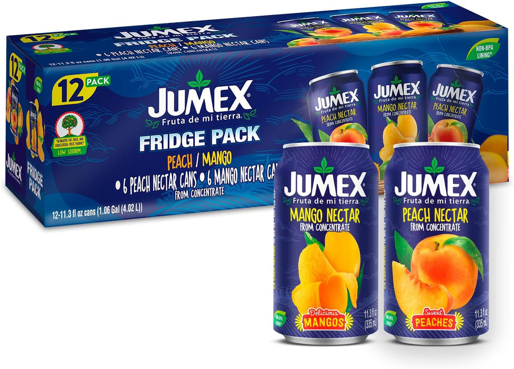 Jumex Mango Nectar Juice & Peach Nectar - Made with Fresh Fruit Puree - Tropical Fruit Juice Concentrate for Smoothie Mix, Cocktail Mixers & Kids Beverages - 11.3oz, 12 Pack Canned Drinks