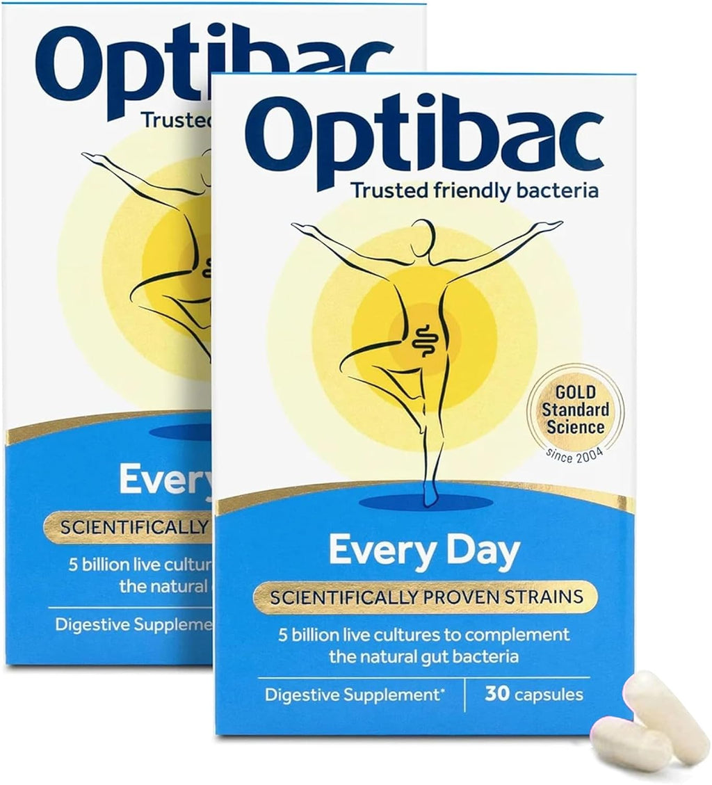 OptiBac Probiotics for Digestive Health, 30 Capsules Pack of 2 | 6 Scientifically Researched Strains with 5 Billion Live Cultures | Gluten Free & Vegetarian | Supports Gut Flora & Digestive Health