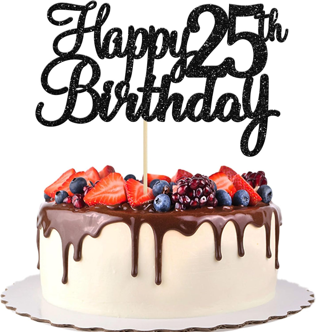 Gyufise 1Pc Happy 25th Birthday Cake Topper Glitter 25th Birthday Cake Pick Cheers to 25 Years Old Twenty five Fabulous Cake Decorations for 25th Birthday Theme Party Supplies Black