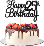 Gyufise 1Pc Happy 25th Birthday Cake Topper Glitter 25th Birthday Cake Pick Cheers to 25 Years Old Twenty five Fabulous Cake Decorations for 25th Birthday Theme Party Supplies Black