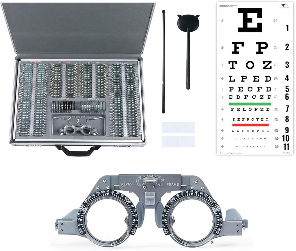266 pcs Optical Trial Lens Set Kit Metal Rim Aluminum Case, with Adjustable Frame, with Snelle Eye Chart