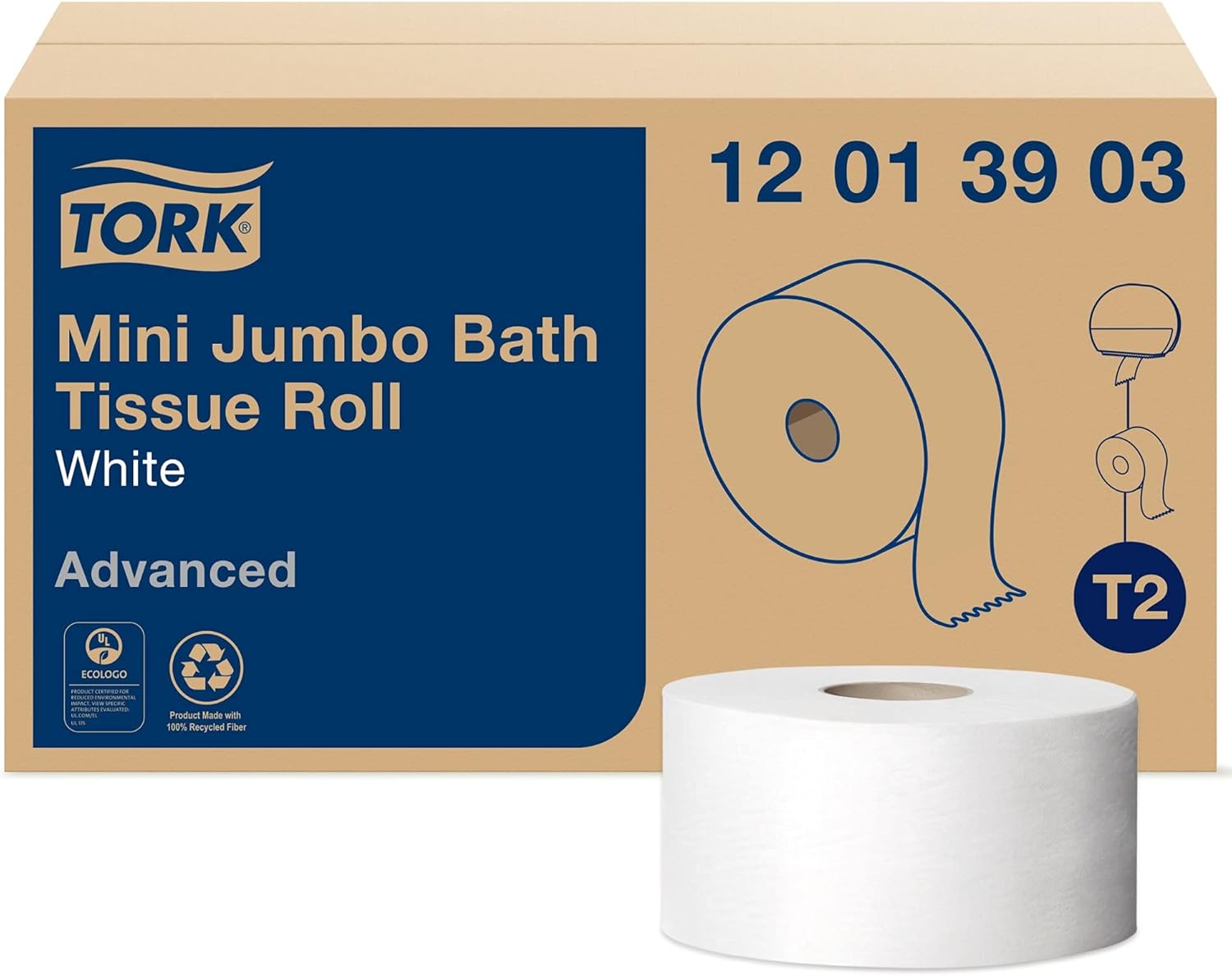 Tork Mini Jumbo Toilet Paper Roll White T2, Advanced, 1-Ply, 12 x 1200', 12013903