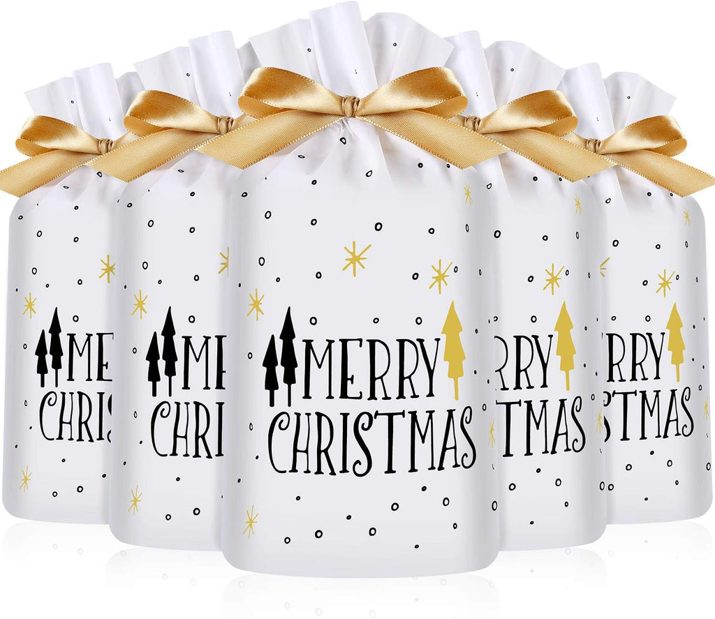 Frienda 30 Pack Christmas Treat Bags Merry Christmas Tree Print Cookie Candy Bag Drawstring Plastic Favor Pocket for Xmas Thanksgiving Party Birthday Wedding Engagement Holiday