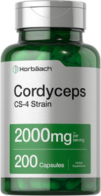 Horbäach Cordyceps Mushroom Capsules | 200 Count | CS-4 Strain Cordyceps Sinesis | Non-GMO Herbal Supplement
