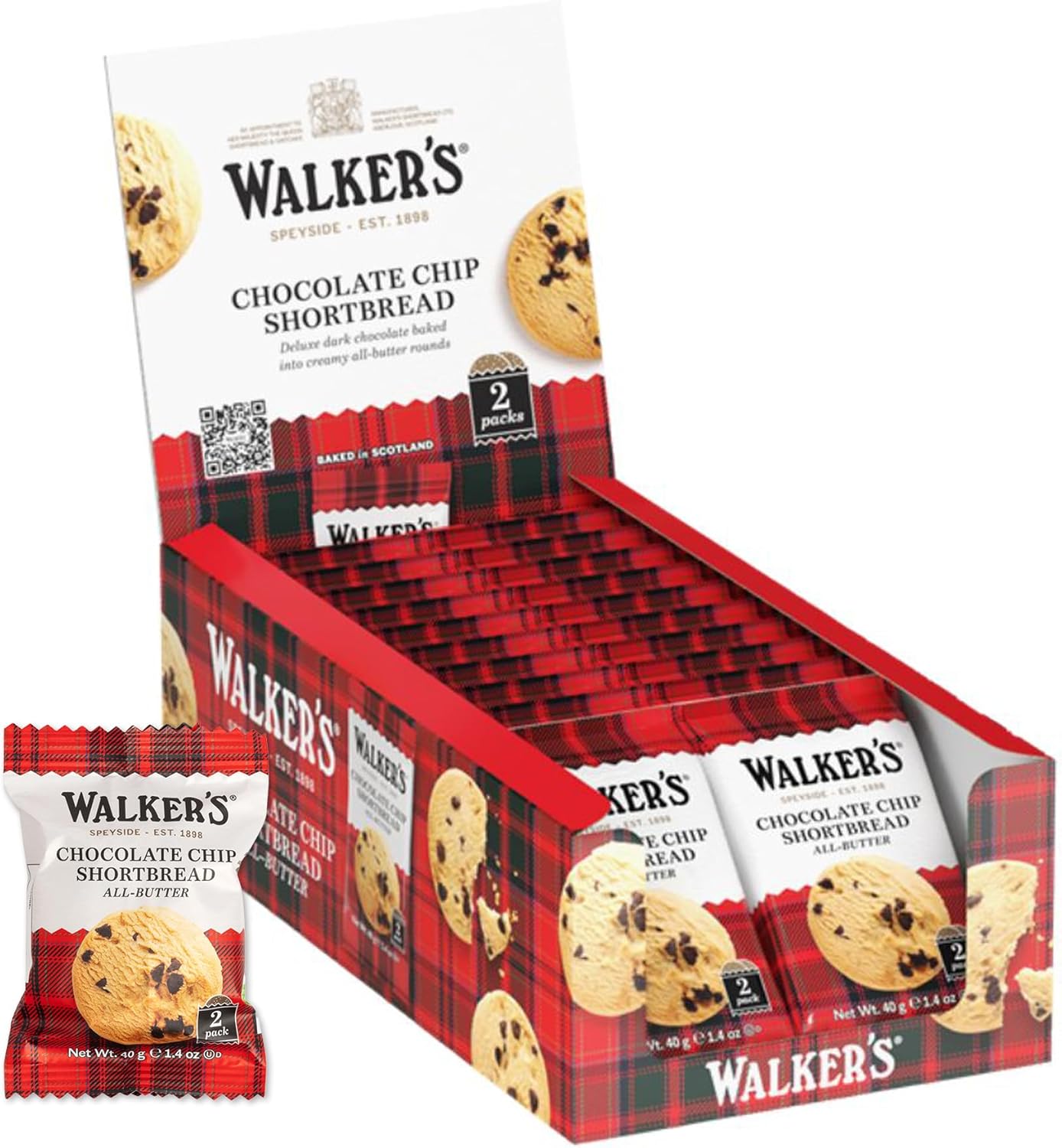 Walker's Shortbread Chocolate Chip Cookies, Pure Butter Shortbread Cookies, 1.4 Oz Snack Packs (Pack of 20)