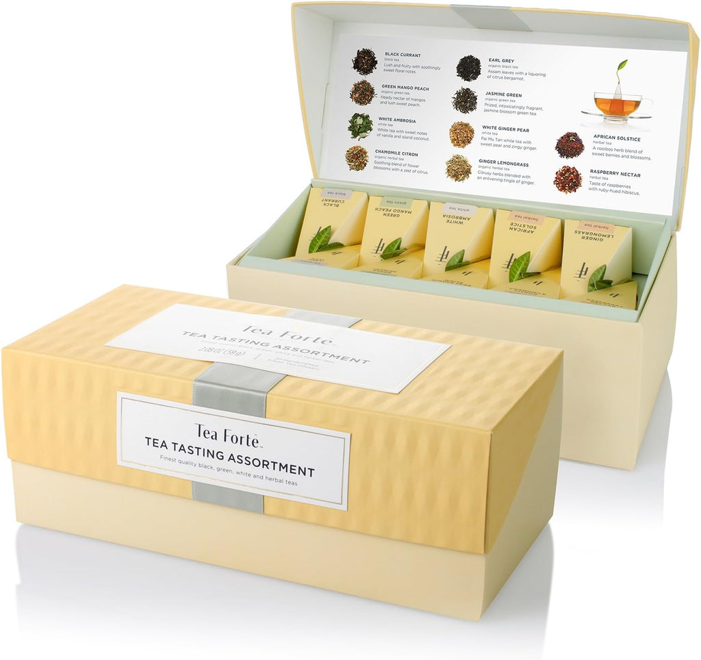 Tea Forte Premium Presentation Box Gift Set Sampler, 20 Count, Assorted Blends Individually Wrapped Handcrafted Pyramid Infuser Bags, Assorted Classic Tea