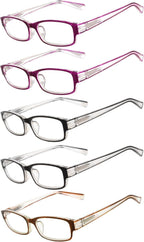 OWL Readers 5 Pack of Elegant Womens Reading Glasses with Beautiful Patterns for Ladies Deluxe Spring Hinge Stylish Look