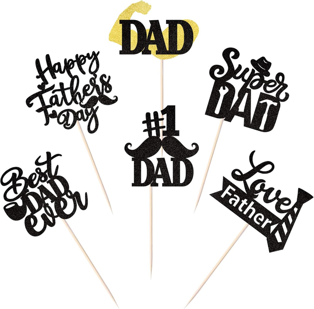 24 Pack Happy Father's Day Cupcake Toppers Glitter Best Dad Ever Cupcake Picks Love Father #1 Dad Tie Moustache Hat Glass Tool Cake Decorations for Happy Father's day Theme Men Birthday Party