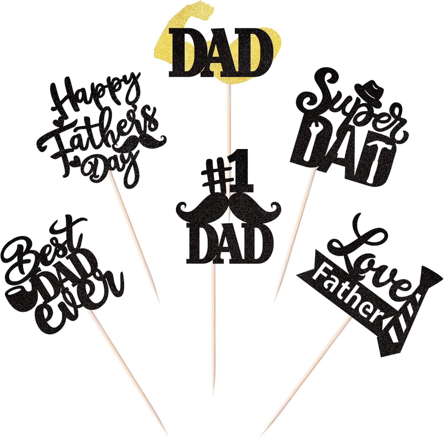 24 Pack Happy Father's Day Cupcake Toppers Glitter Best Dad Ever Cupcake Picks Love Father #1 Dad Tie Moustache Hat Glass Tool Cake Decorations for Happy Father's day Theme Men Birthday Party