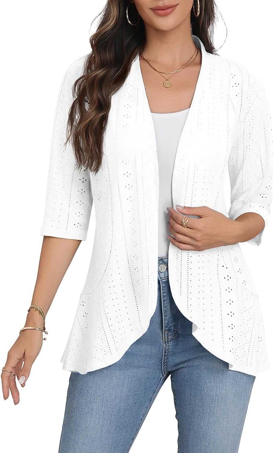 Askyes Women Cardigan 3/4 Sleeves Open Front Lightweight Soft Netted Knit Draped Ruffles Cardigan Kimono Cover Ups