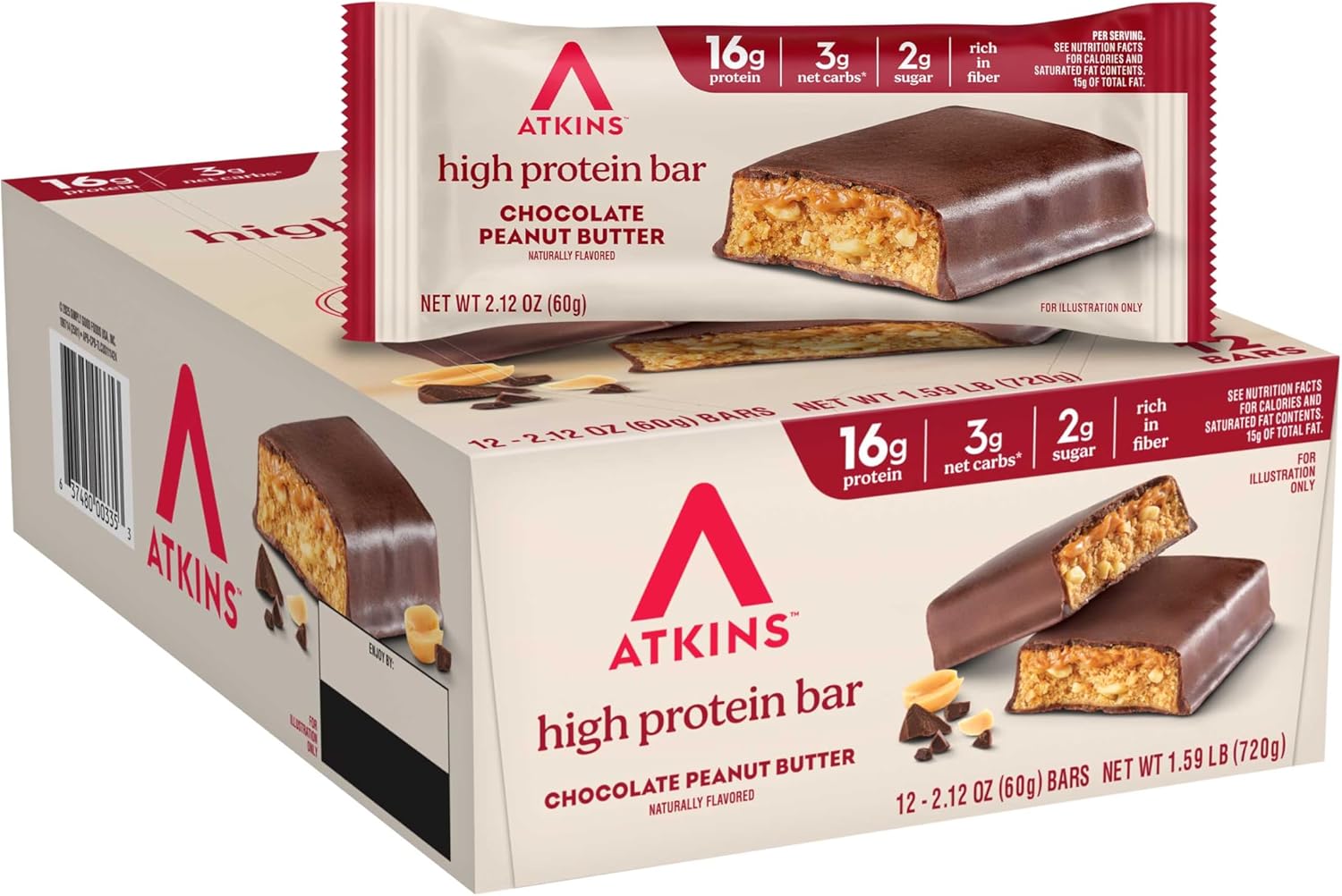 Atkins Chocolate Peanut Butter Protein Meal Bar, High Fiber, 16g Protein, Low Sugar, 3g Net Carb, Low Carb, Keto Friendly, 12 Count