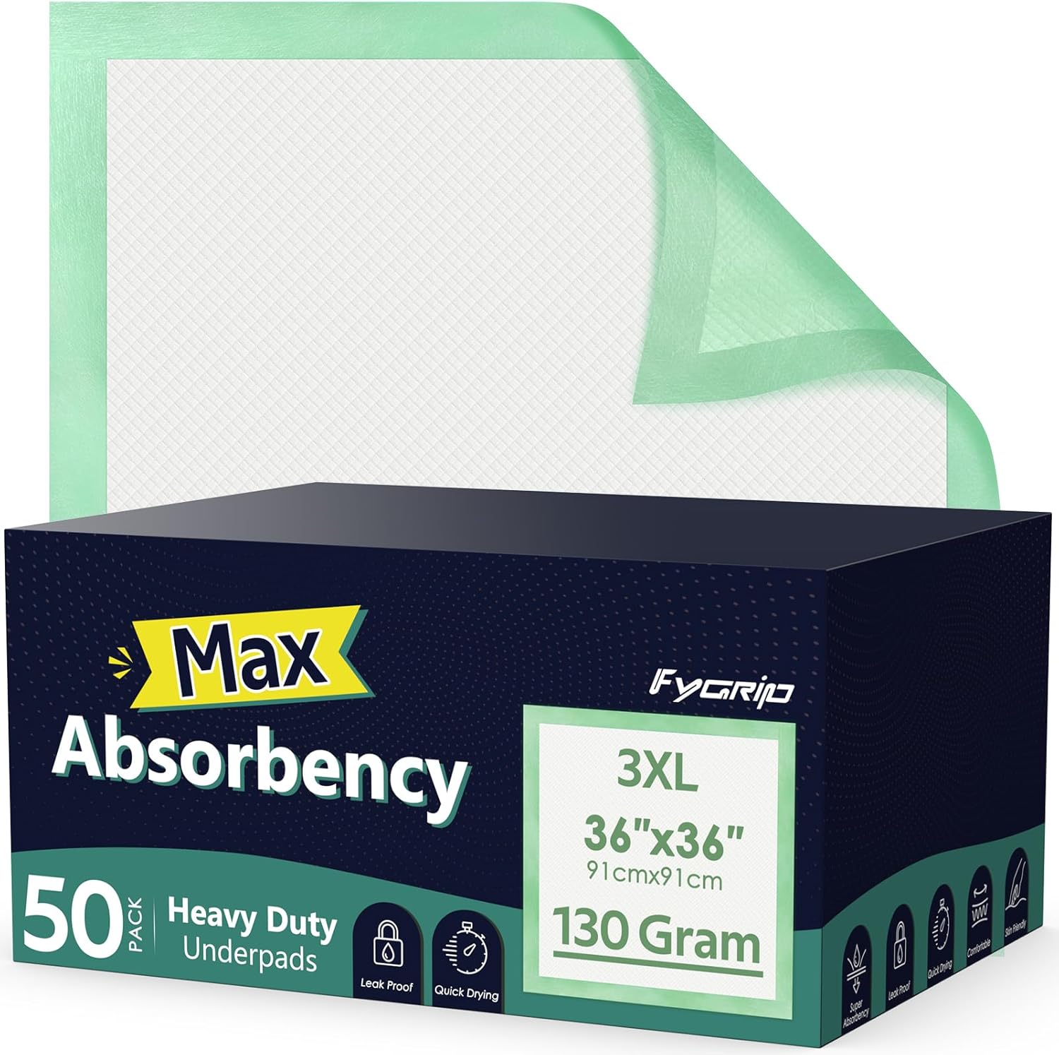Fygrip 50 Count Hospital Grade 130 Gram 36” x 36” Max Absorbency Disposable Underpads, Leakproof Quick Drying XXXL Bed Pads Disposable for Adults, Kids, Pets Incontinence Pads, Pee Pads