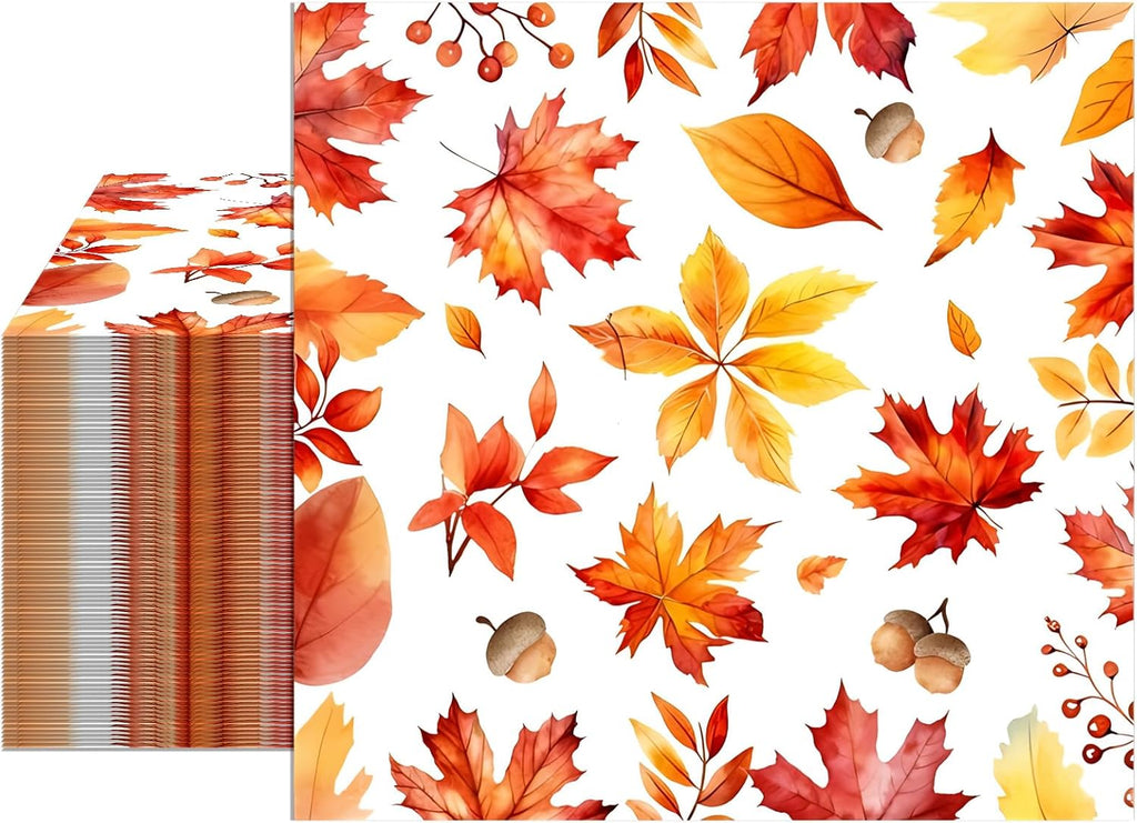 100Pcs Thanksgiving Napkins Disposable Maple Leaf Paper Napkins 6.5 x 6.5 Inch Lunch Dinner Napkins for Autumn Seasonal Events Harvest Family Picnic Thanksgiving Party Decorations