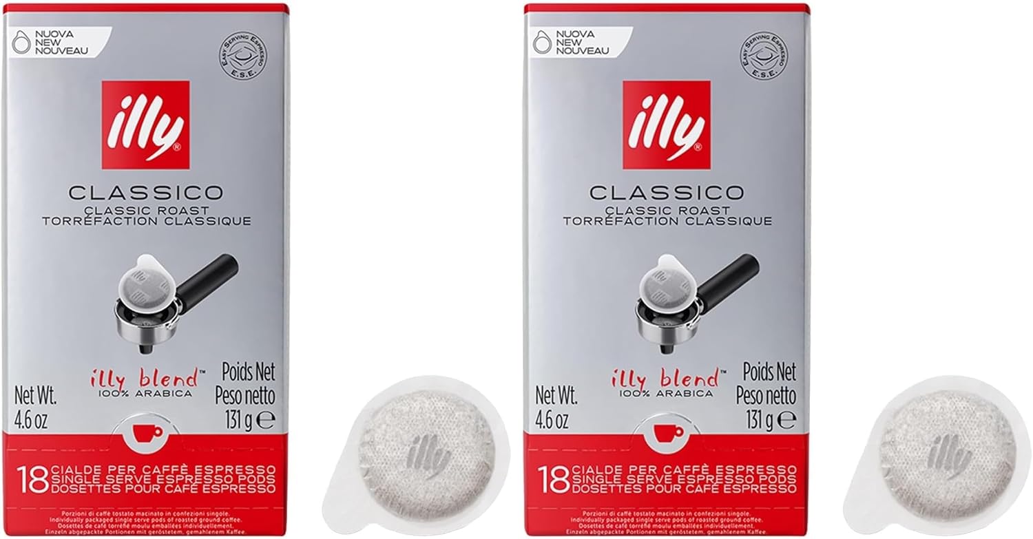 Illy Classico E.S.E. Pods, Medium Roast, Classic Roast with Notes of Chocolate & Caramel, 100% Arabica Coffee, All-Natural, No Preservatives, 18 Count (Pack of 2)