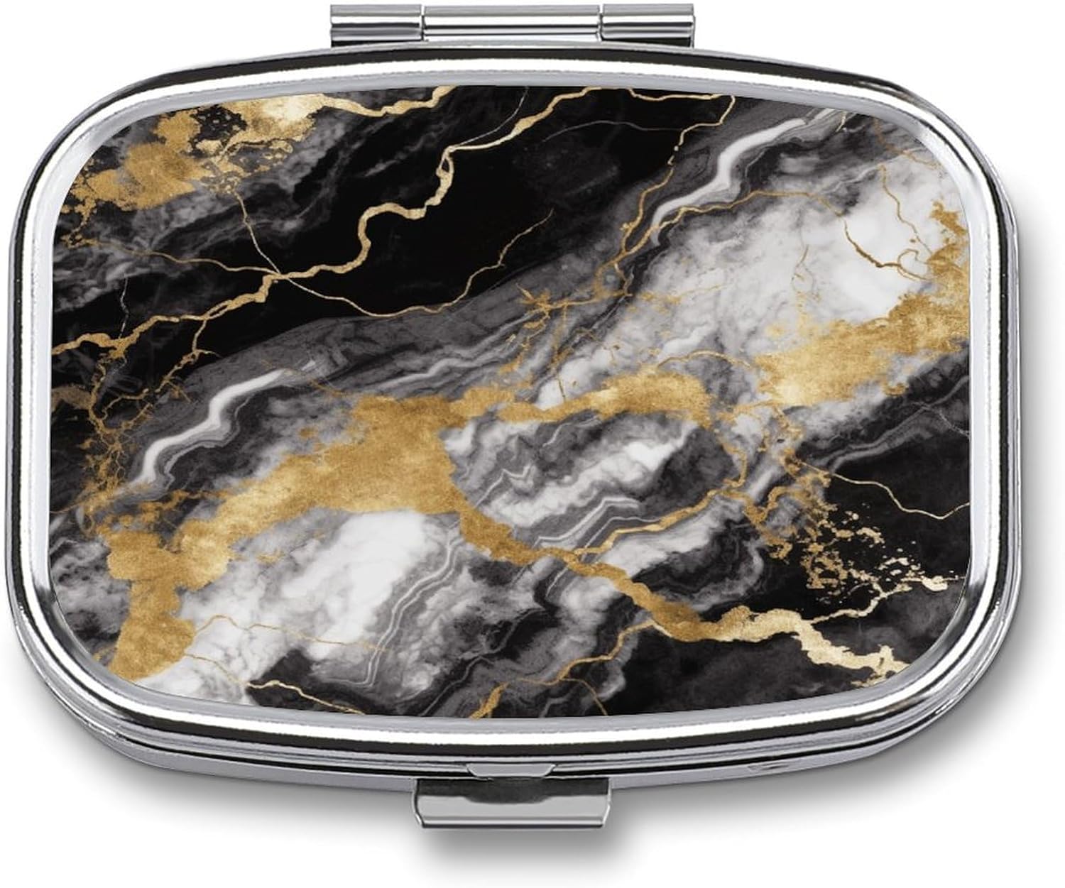 Black White Gold Foil Marble Pill Box 2 Compartment Decorative Metal Pill Case for Pocket Or Purse Travel Portable Medicine Box Pill Container Organizer for Vitamins Fish Oils Supplements