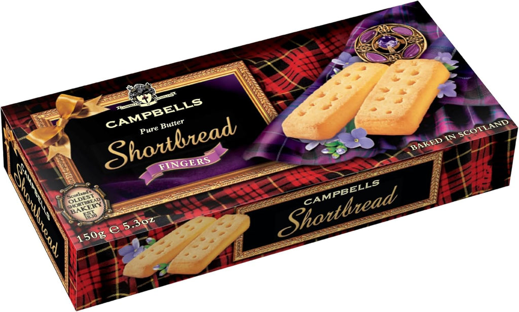 Campbells Shortbread Fingers Carton 5.29 Oz (150g) - Pure Butter Scottish Shortbread Cookies from Scotland, British Tea Biscuits, Gourmet Snack Gift Box, Traditional UK Butter Cookies