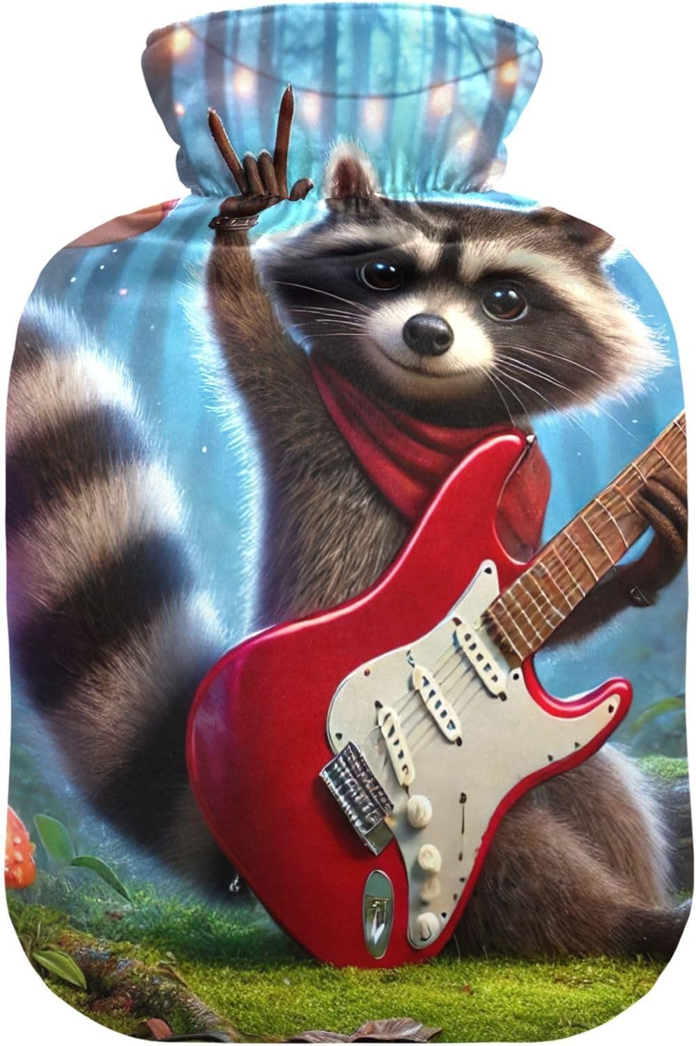 Cute Raccoon Holding Guitar Hot Water Bottle with Soft Cover Feet and Bed Warmer Hot Water Bag for Neck and Shoulder Pain Relief, 1L