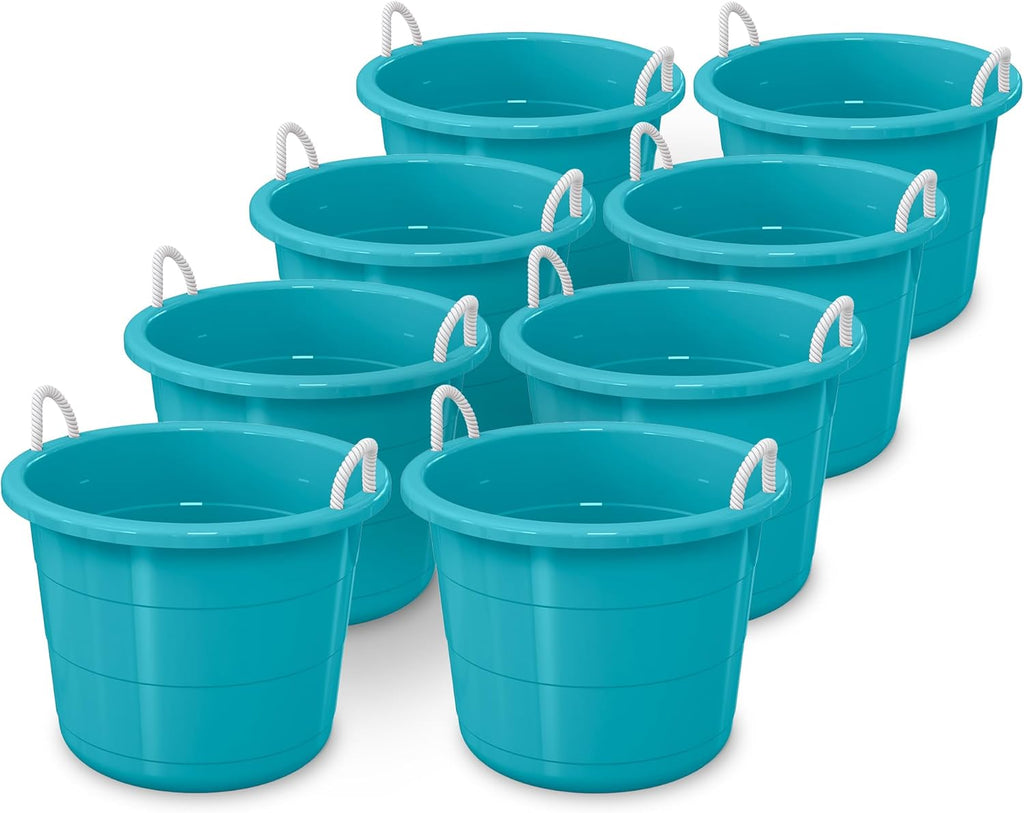 Life Story 8 Pack Open Storage Bucket, Round Plastic Container with Rope Handles, 17 Gallon, Teal