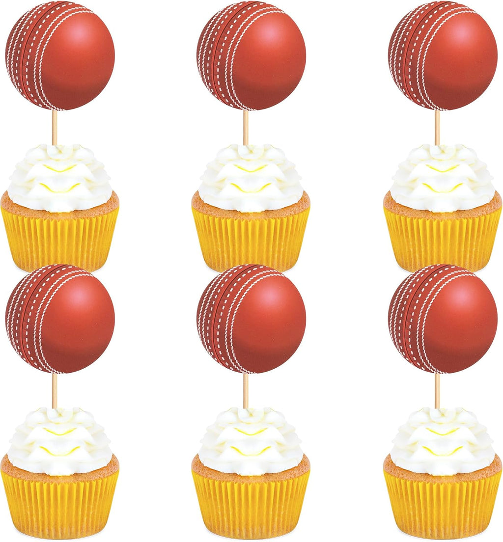 Ercadio 24 Pack Double Sided Cricket Cupcake Toppers Sports Ball Cricket Cupcake Picks Cricket Theme Birthday Cake Decorations for Baby Shower Kids Birthday Party Cake Decorations Supplies, Red-1