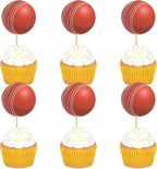Ercadio 24 Pack Double Sided Cricket Cupcake Toppers Sports Ball Cricket Cupcake Picks Cricket Theme Birthday Cake Decorations for Baby Shower Kids Birthday Party Cake Decorations Supplies, Red-1