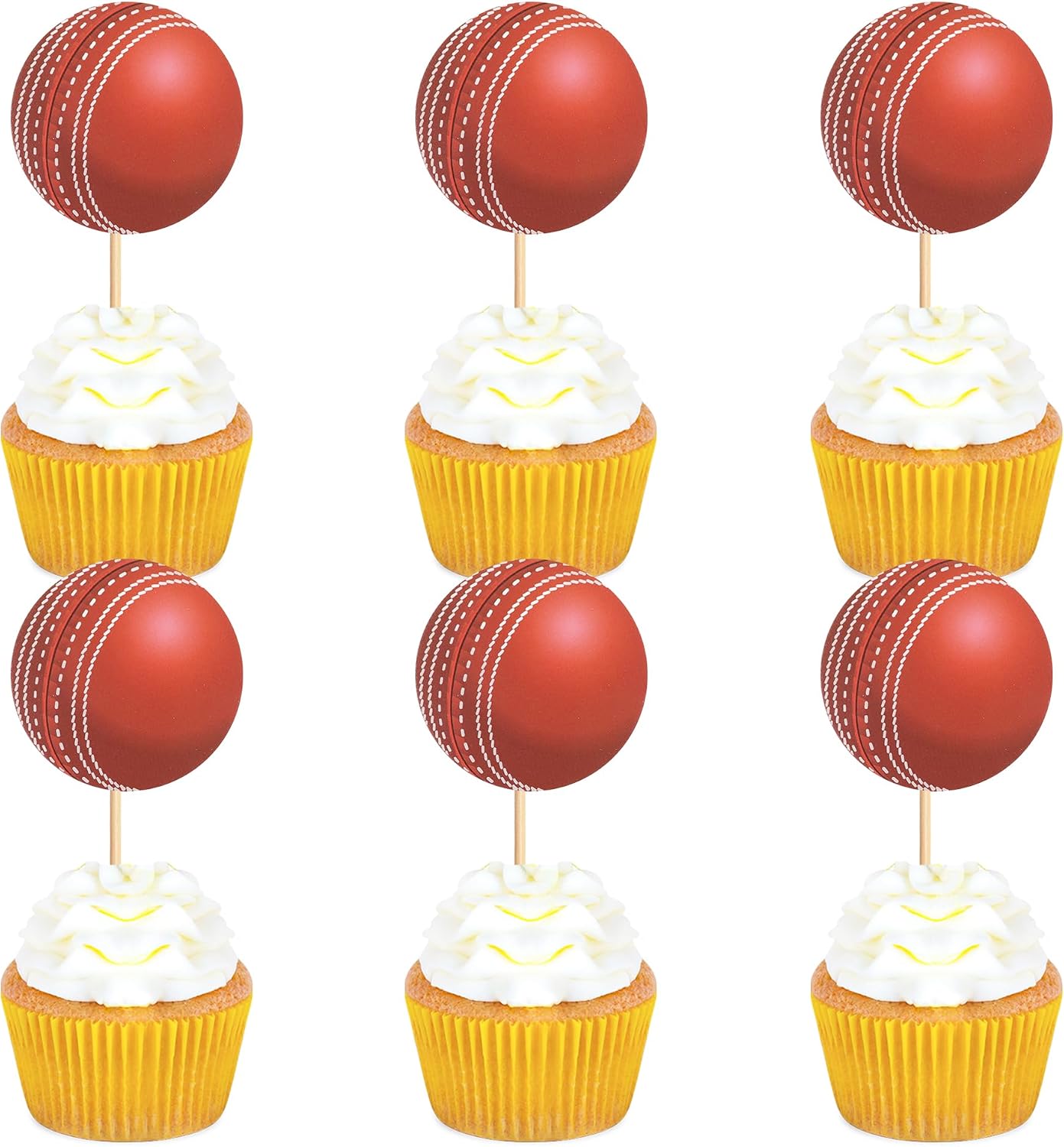 Ercadio 24 Pack Double Sided Cricket Cupcake Toppers Sports Ball Cricket Cupcake Picks Cricket Theme Birthday Cake Decorations for Baby Shower Kids Birthday Party Cake Decorations Supplies, Red-1