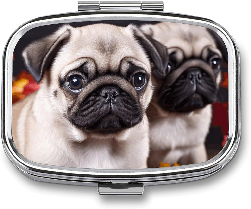 Puppys Pug Pill Box for Pocket Square Pill Box 2 Compartment Decorative Portable Travel Pill Holder Tablet Vitamin Organizer Mini Pill Case