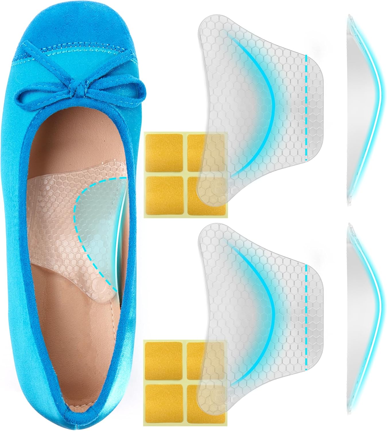 Plantar Fasciitis Relief Arch Support Insert Soft Gel Arch Pad Adhesive Orthotic Shoe Insole for Flat Feet & High Arch Support Cushions for Flats Sandals Trim to Fit, with Extra Sticky Tape - 2 Pairs