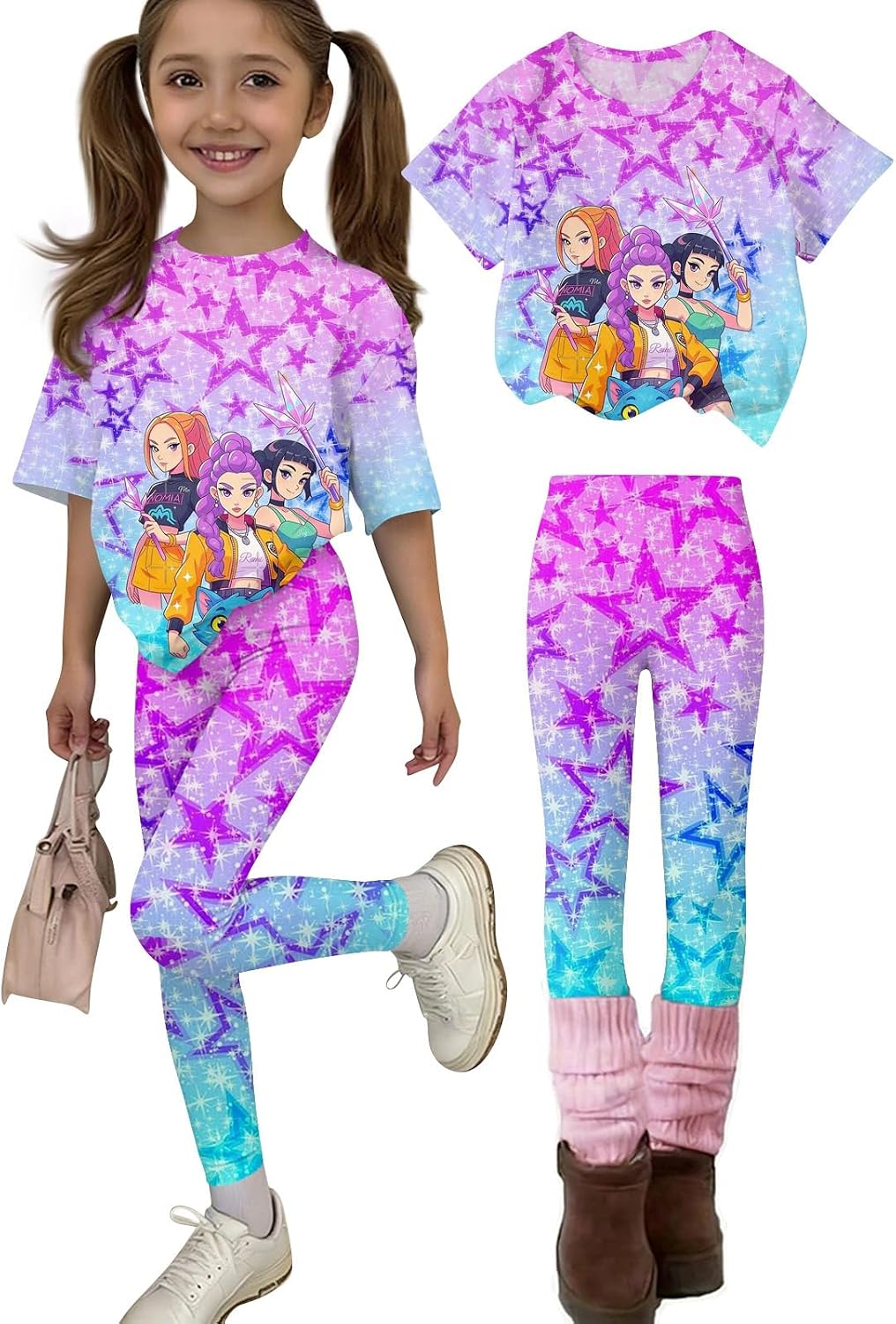 K Pop Outfits Sets for Girls Cute Hunters Print Short Sleeve T-Shirt and Pants Trendy Demon Movie Star Tracksuits