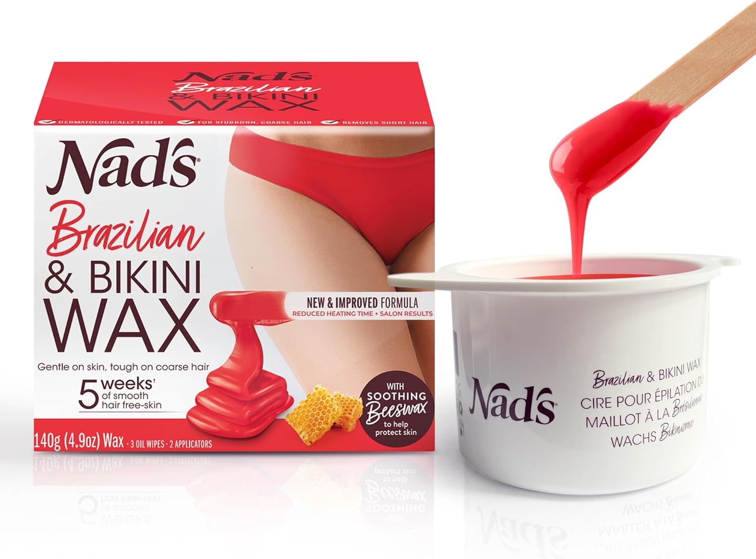 Nad's Brazilan & Bikini Wax Kit, Hair Removal For Women, Body Wax Specifically For Coarse Hair, At Home Waxing Kit With Hard Wax + Calming Oil Wipes + Wooden Spatula