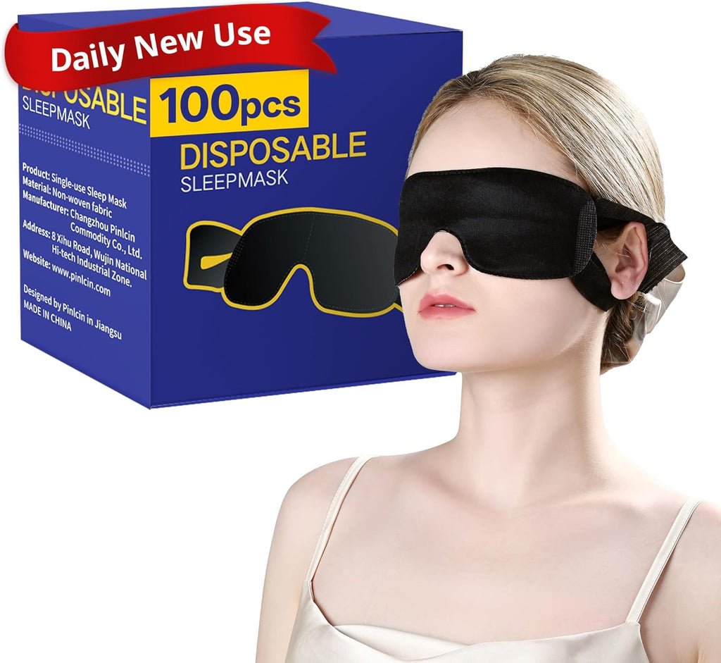 100 Packs Disposable Sleep Masks Bulk, Blackout Blindfolds for Men Women, Soft Eyemasks Adjustable for Sleeping Travel Yoga, Light Blocking Night Eye Mask for Party Games Team Building