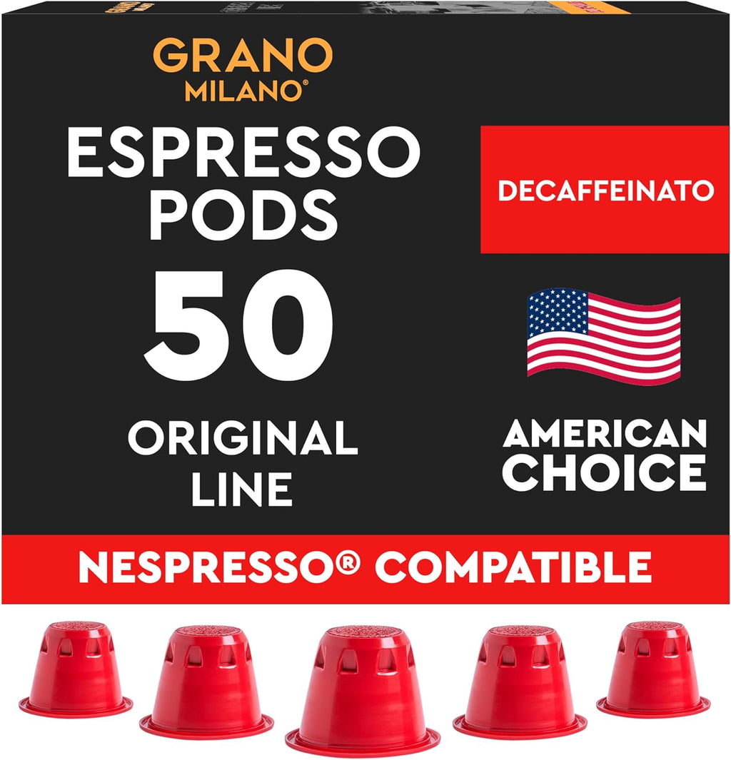 Grano Milano Ristretto Decaf - 50 Espresso Pods Compatible with Nespresso Original line, Medium Roast - Intensity 10/12, Coffee Capsules Made in Italy Espresso Coffee