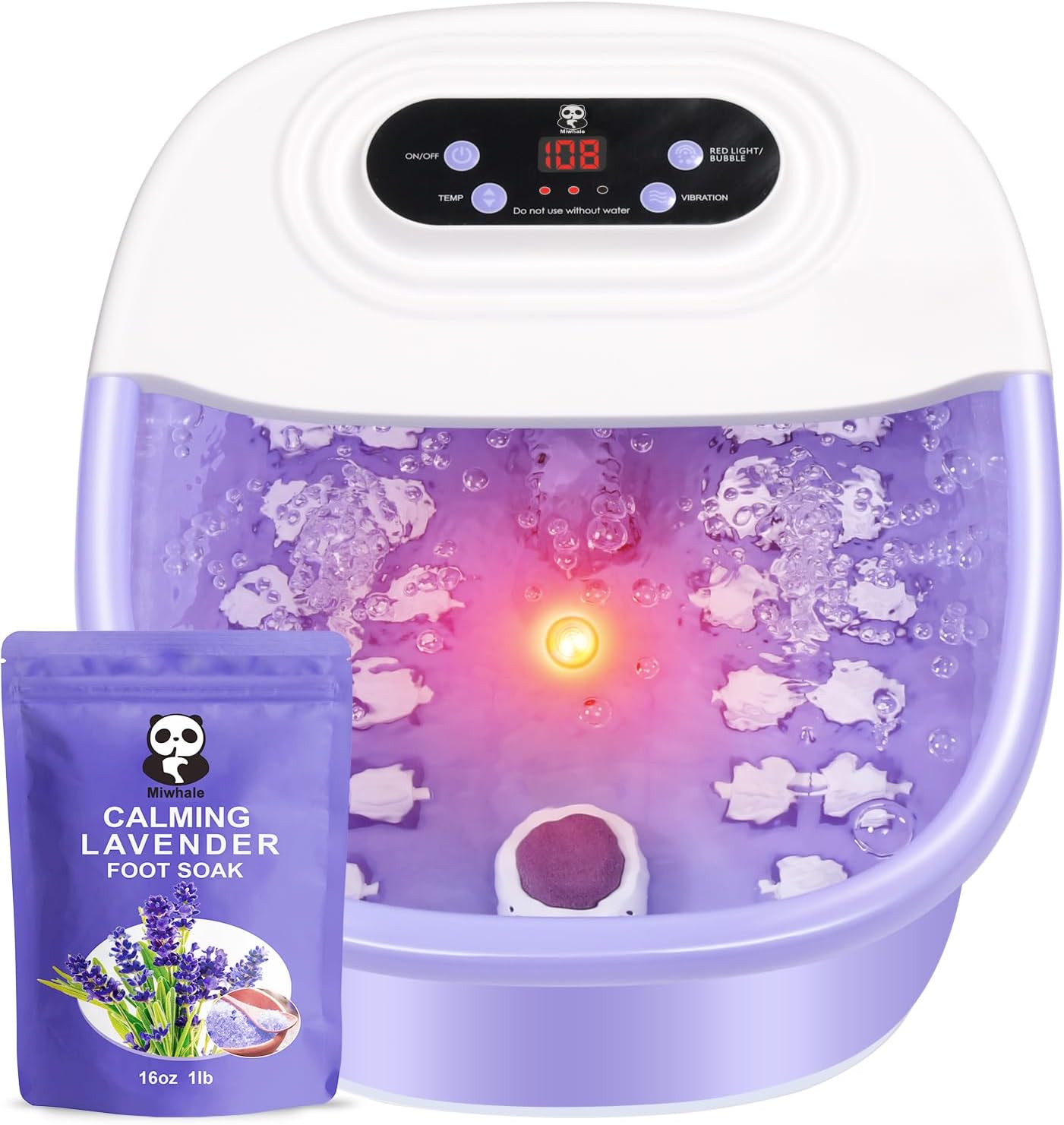 Foot Spa Bath Massager with Heat Bubbles and Vibration Massage and Jets, 16 OZ Calming Lavender Foot Soak Epsom Salt, Miwhale Foot Soaker With Red Light, 22 Massage Rollers, Adjustable Temp -Purple