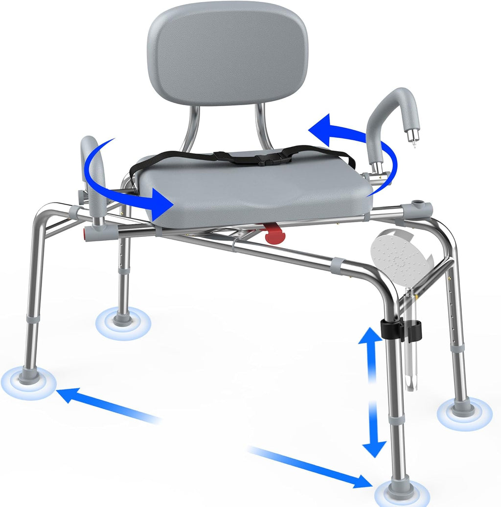 Sliding Shower Chair Tub Transfer Bench with 360°Swivel Seat,Anti-Slip Design,with Security Belt for Elderly and Disabled,Adjustable Height with one Touch Slide Button,Gray