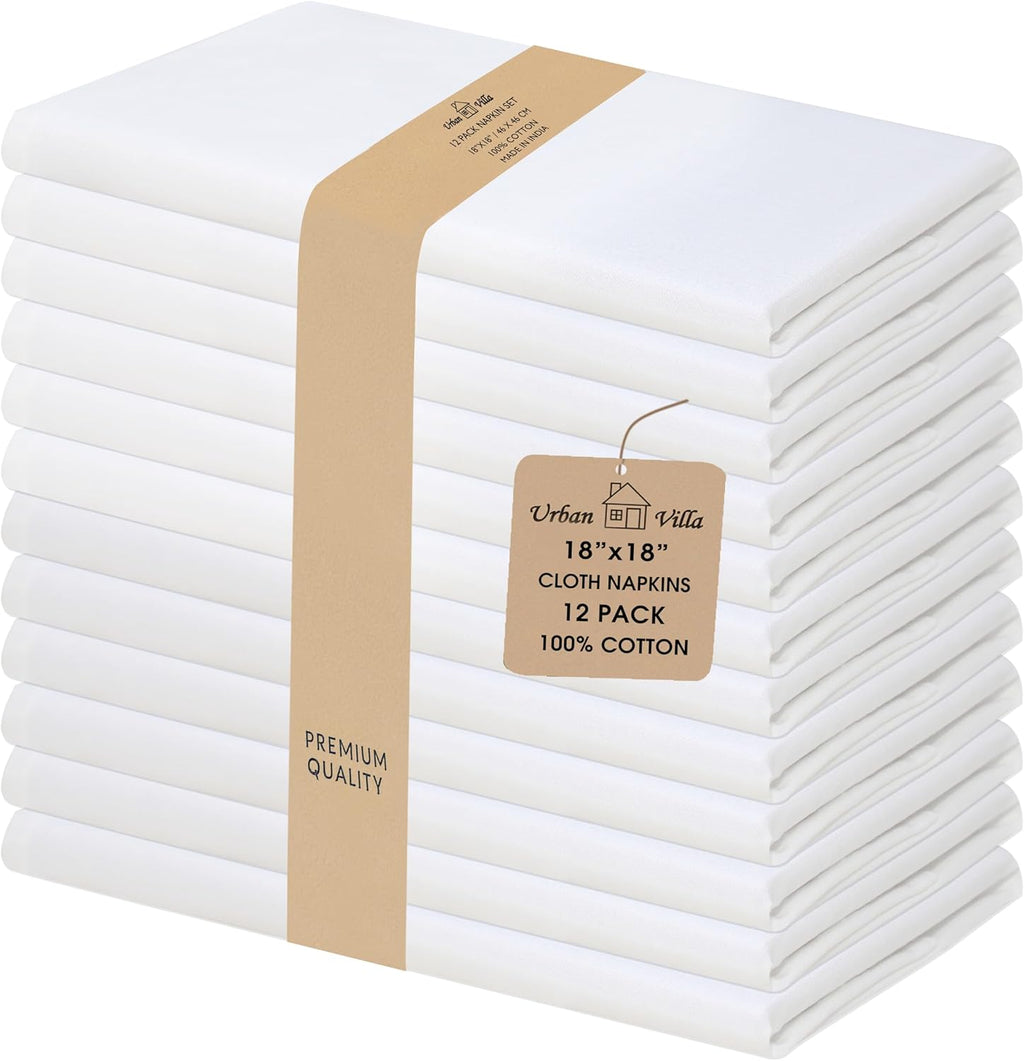 Urban Villa Cloth Napkins White Dinner Napkins Set of 12 (18X18) 100% Cotton Absorbent Washable Durable Reusable Cloth Napkins Ideal for Easter Decorations Hotel Collection Farmhouse Parties Napkins