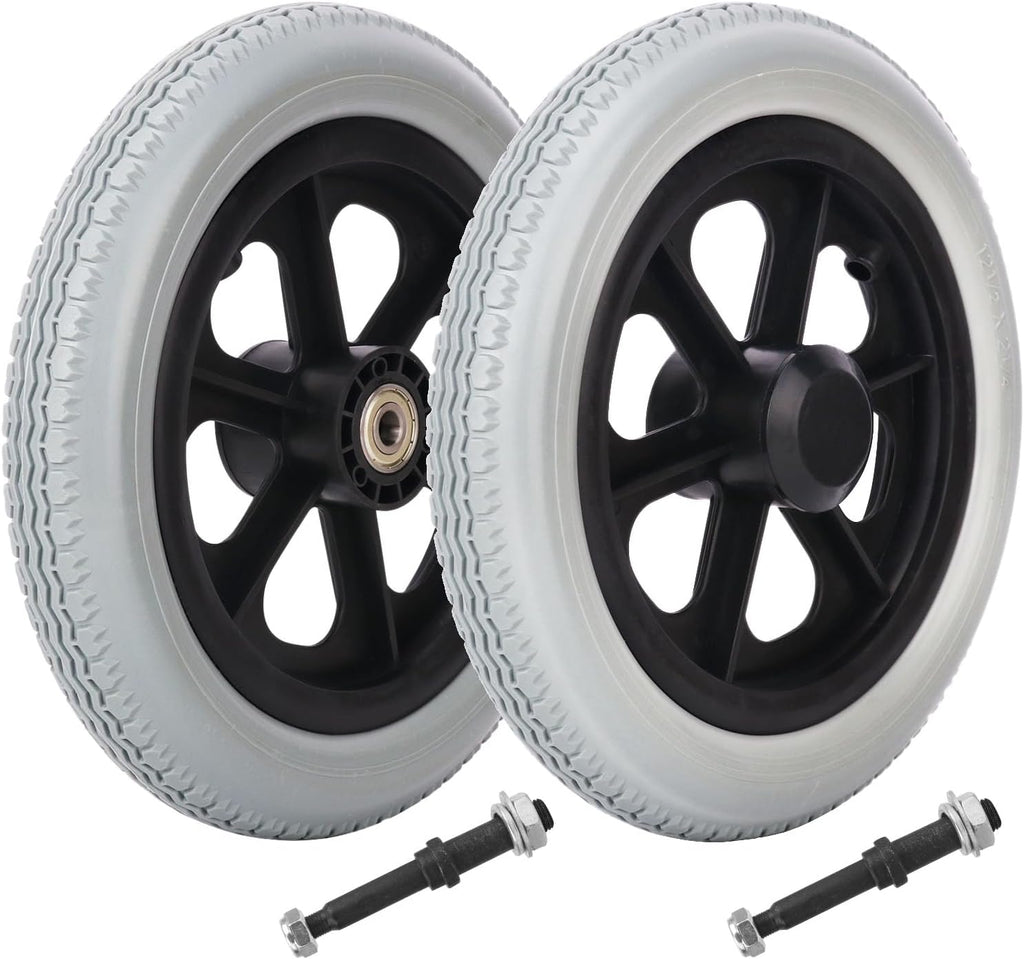 2-pack 12 Inch Solid Tire Construction Premium Plastic Spoked Wheel (grey), 12 Inch Wheelchair Wheel Replacement for Manual Wheelchairs, Sturdy Hard Rubber Tire & Mobility Aid Accessories