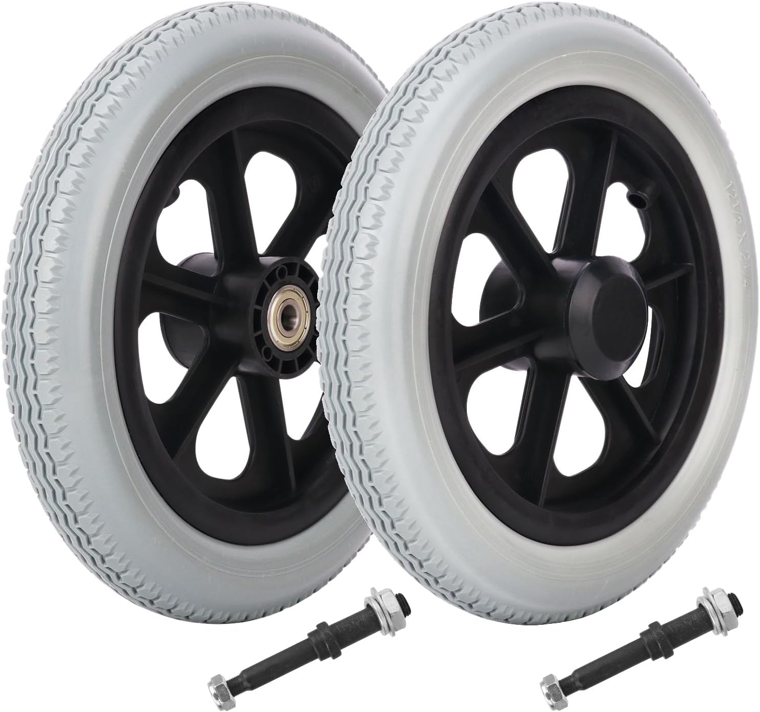 2-pack 12 Inch Solid Tire Construction Premium Plastic Spoked Wheel (grey), 12 Inch Wheelchair Wheel Replacement for Manual Wheelchairs, Sturdy Hard Rubber Tire & Mobility Aid Accessories