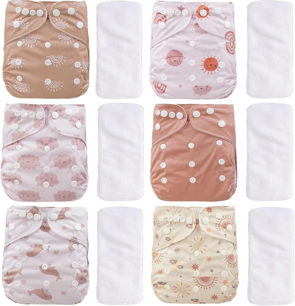 CoolaPeach 12 Set Reusable Adjustable Cloth Diapers for Newborn to 0-3 Years,One Size Washable Pocket Nappy Covers for Baby Girl and Boy,6 Pack Cloth Diapers+6pcs Microfiber Inserts(Pink)