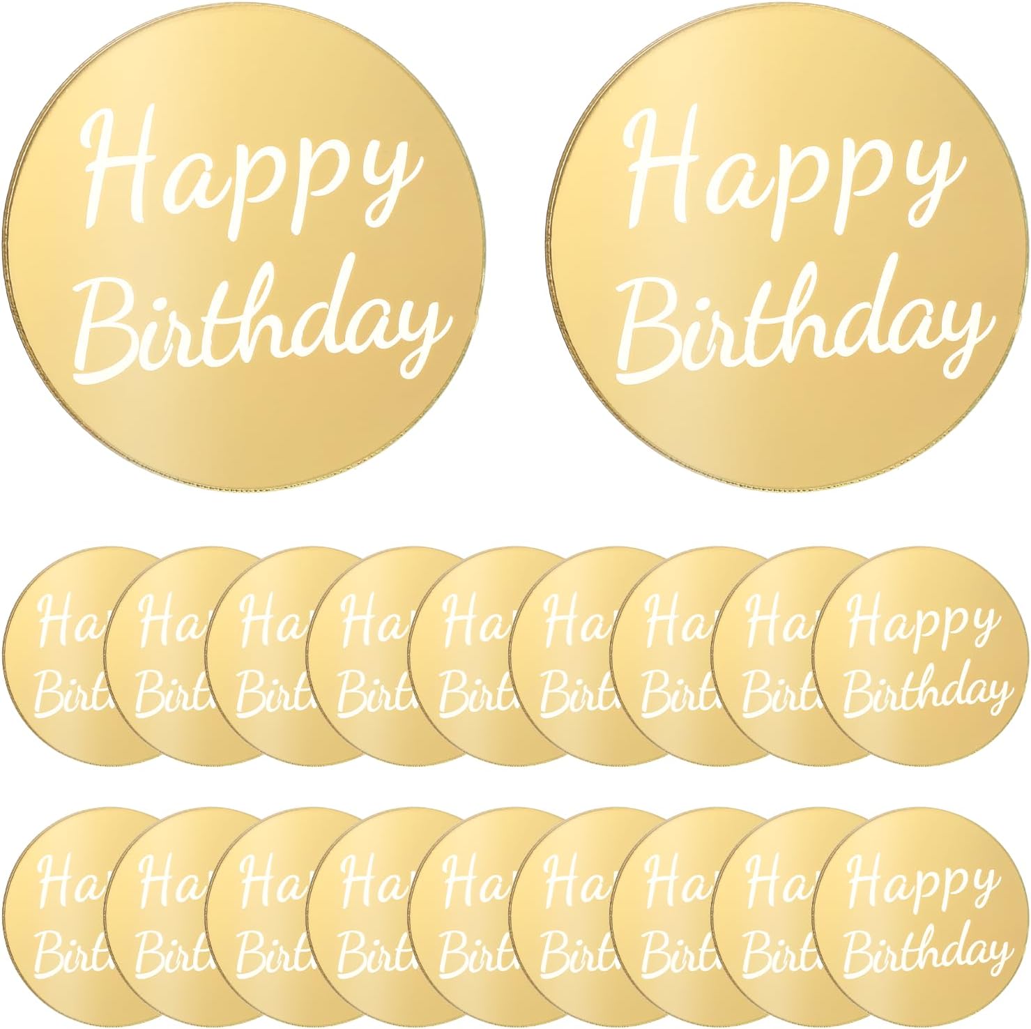 20 Pieces Happy Birthday Acrylic Cake Topper Round, Gold Disc Circle Engraved Personalized Mini Custom Mirror Set for DIY Cupcake Decoration