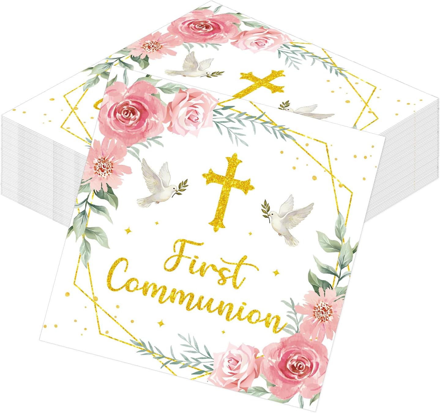 Rakuto First Communion Party Decorations, 50PCS First Holy 1st Communion Disposable Paper Napkins Table Decoration, Pink Baptism Napkins Decor Supplies for Christening Church (6.5 X 6.5 Inch)