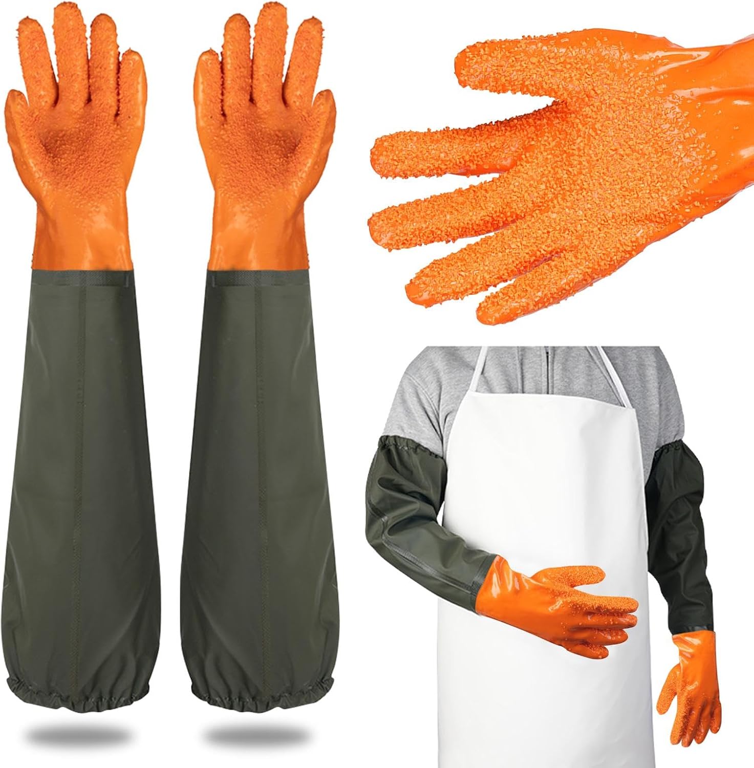 Durable Long Rubber Gloves Elbow Length, Reusable Anti-Skid Chemical Resistant Gloves with Cotton Lining