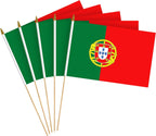 G128 12 Pack Handheld Portugal Portuguese Stick Flags | 8x12 In | Printed 150D Polyester, Country Flag, Solid Wooden Stick, Spear Gold Tip