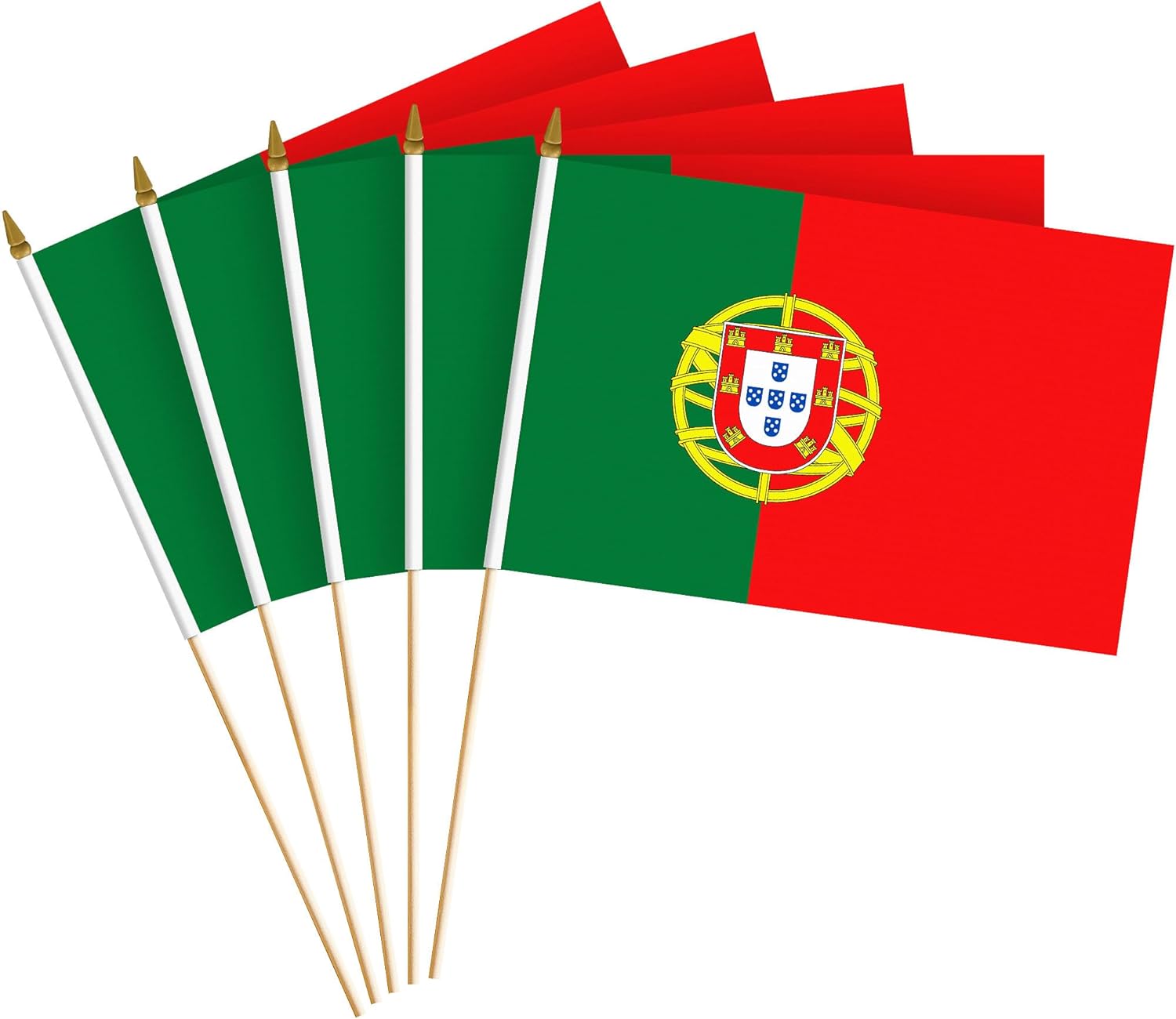 G128 12 Pack Handheld Portugal Portuguese Stick Flags | 8x12 In | Printed 150D Polyester, Country Flag, Solid Wooden Stick, Spear Gold Tip