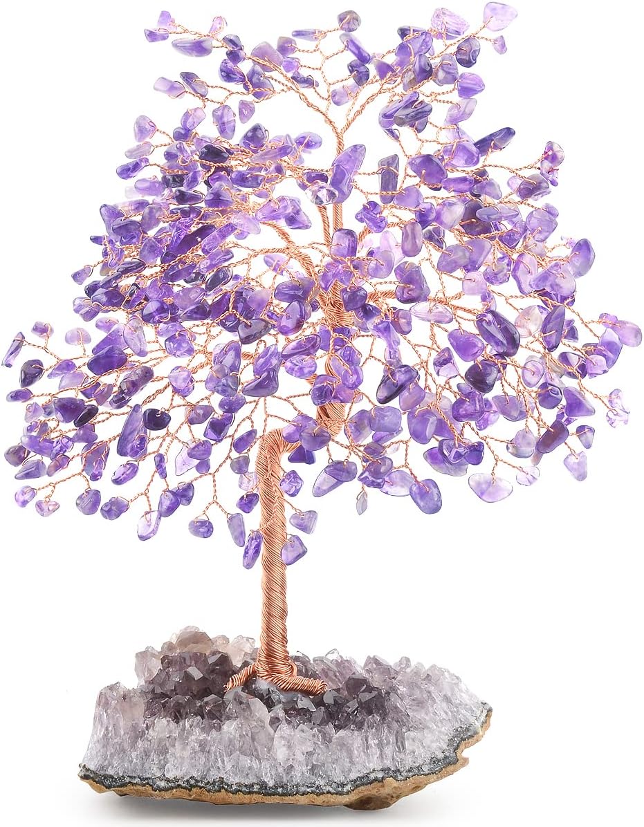 Natural Gemstone(406 Stone Count) Amethyst Crystal Tree of Life,Chakra Balancing Positive Enegy Fengshui Decor Bonsai Money Tree,Good Luck Spiritual Gift Height 8.5-9 Inches