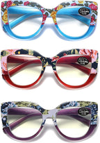 100 CLASSIC 3-Pack Oversized Cat Eye Blue Light/Anti-Glare Reading Glasses for Women Spring Hinges Floral Readers Ladies