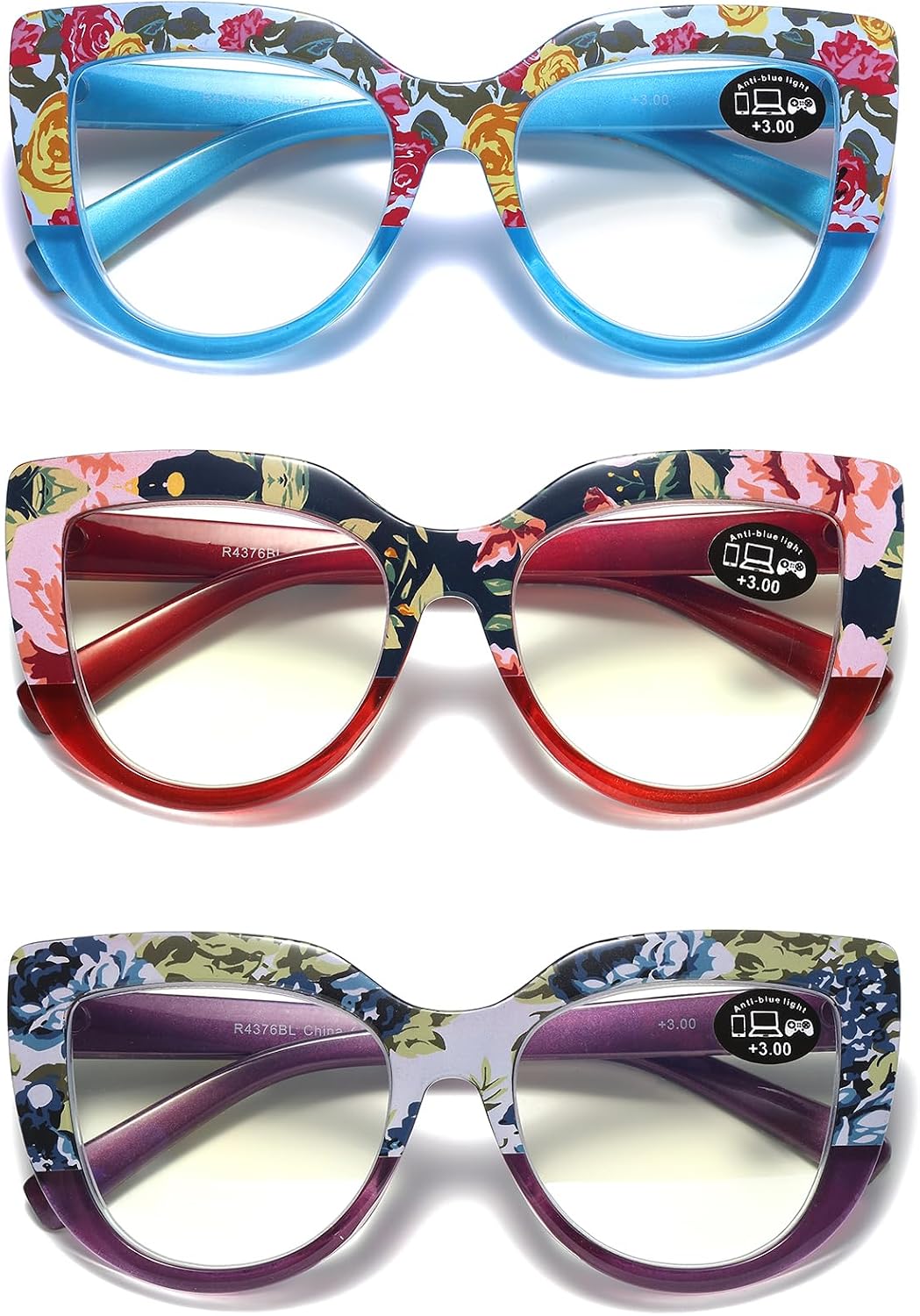 100 CLASSIC 3-Pack Oversized Cat Eye Blue Light/Anti-Glare Reading Glasses for Women Spring Hinges Floral Readers Ladies